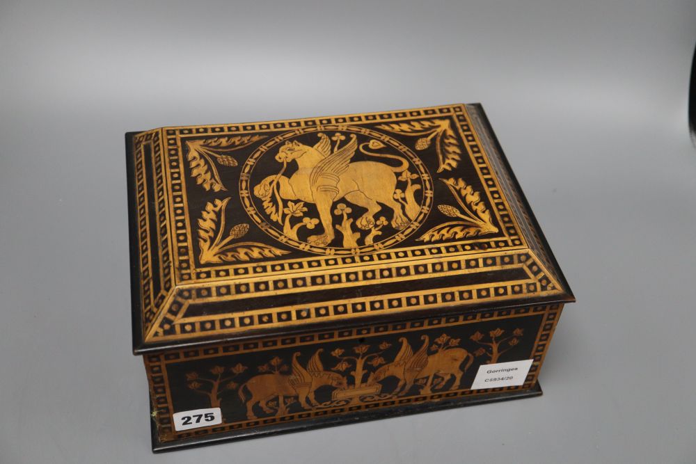 A French neo-classical style inlaid box, depicting Pegasus, length 28cm